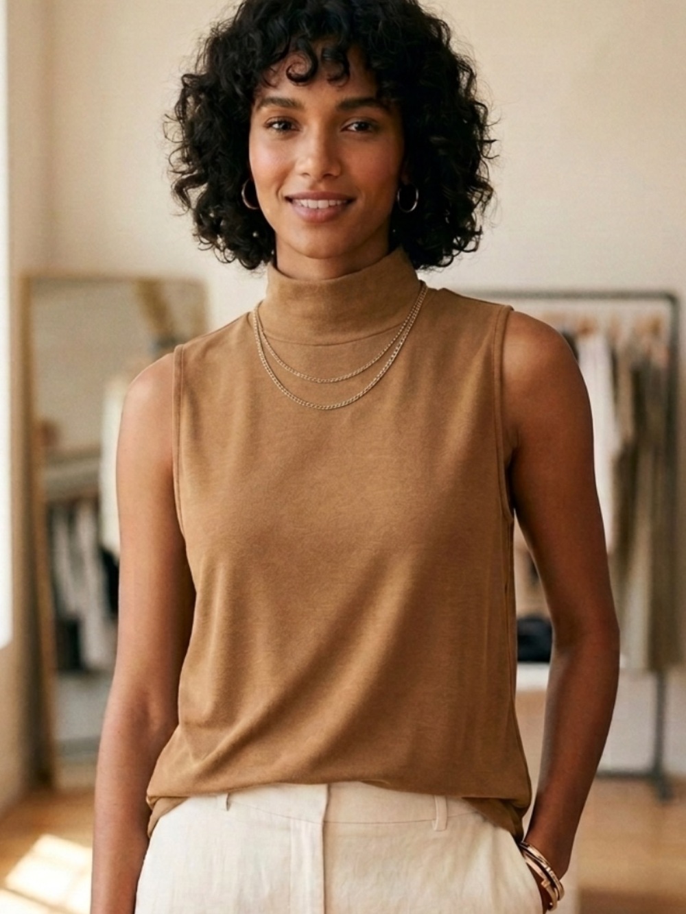 Banana Republic Luxespun sleeveless mock neck shirt in camel